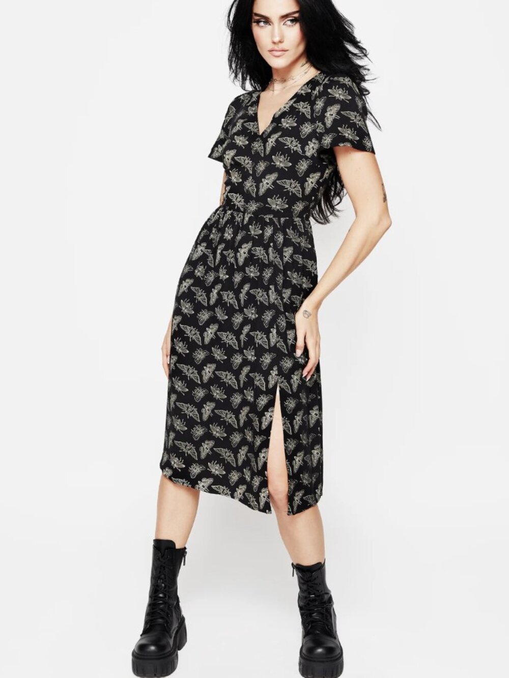 Disturbia Mortmoth Black Moth Print Short Sleeve Midi Dress Size 8 Gothic Witchy